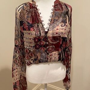 Veronica Beard Mixed Paisley Patchwork Blouse in Burgundy and Beige